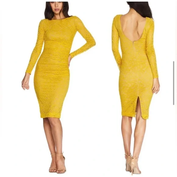 Dress the Populatjon Yellow Lace Long-Sleeve Bodycon Dress size small - Picture 8 of 11